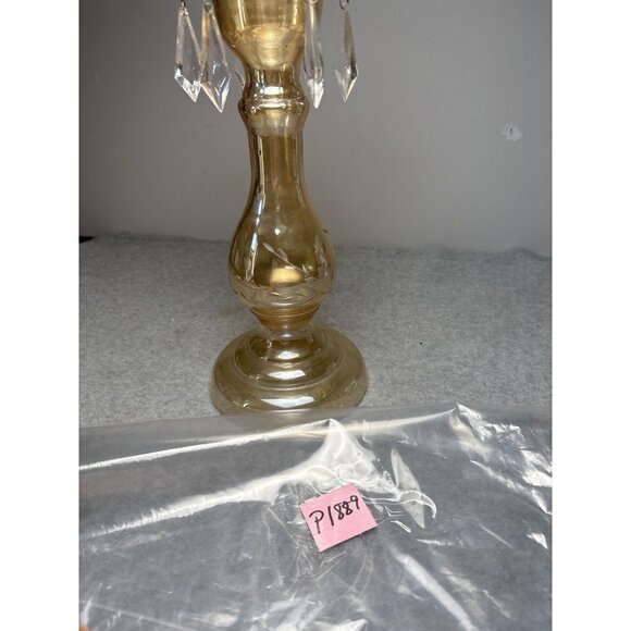 Vintage Amber Glass Candle Holder with Crystal Dangles 13.5" - Picture 15 of 15